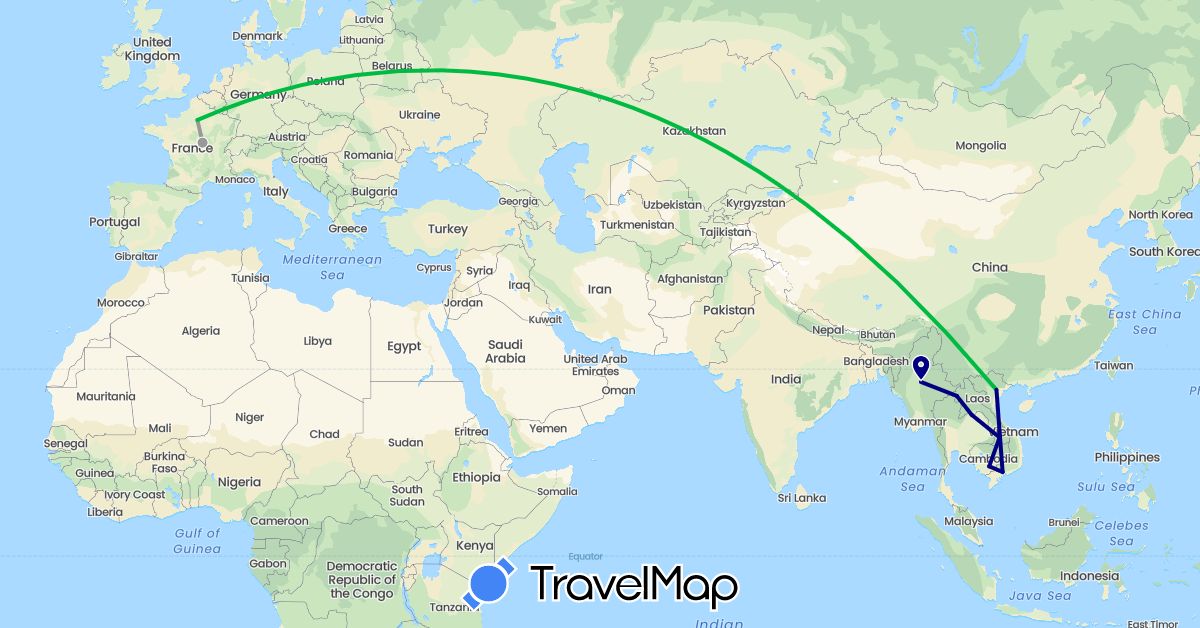 TravelMap itinerary: driving, bus, plane in France, Cambodia, Laos, Myanmar (Burma), Vietnam (Asia, Europe)