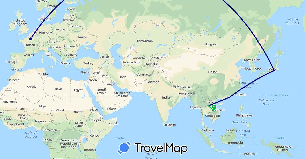 TravelMap itinerary: driving, bus in China, France, Japan, Laos (Asia, Europe)